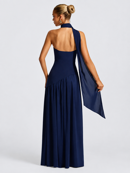 Strapless High-Slit Maxi Dress with Scarf
