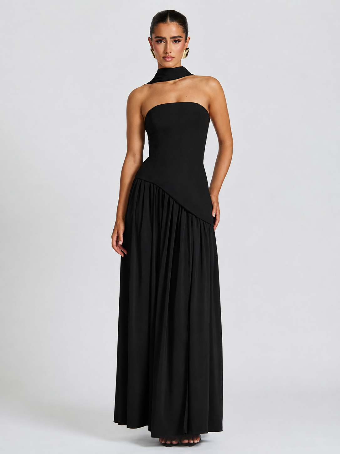 Strapless High-Slit Maxi Dress with Scarf