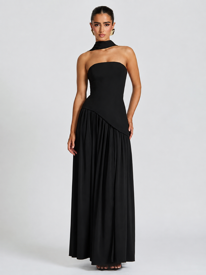 Strapless High-Slit Maxi Dress with Scarf