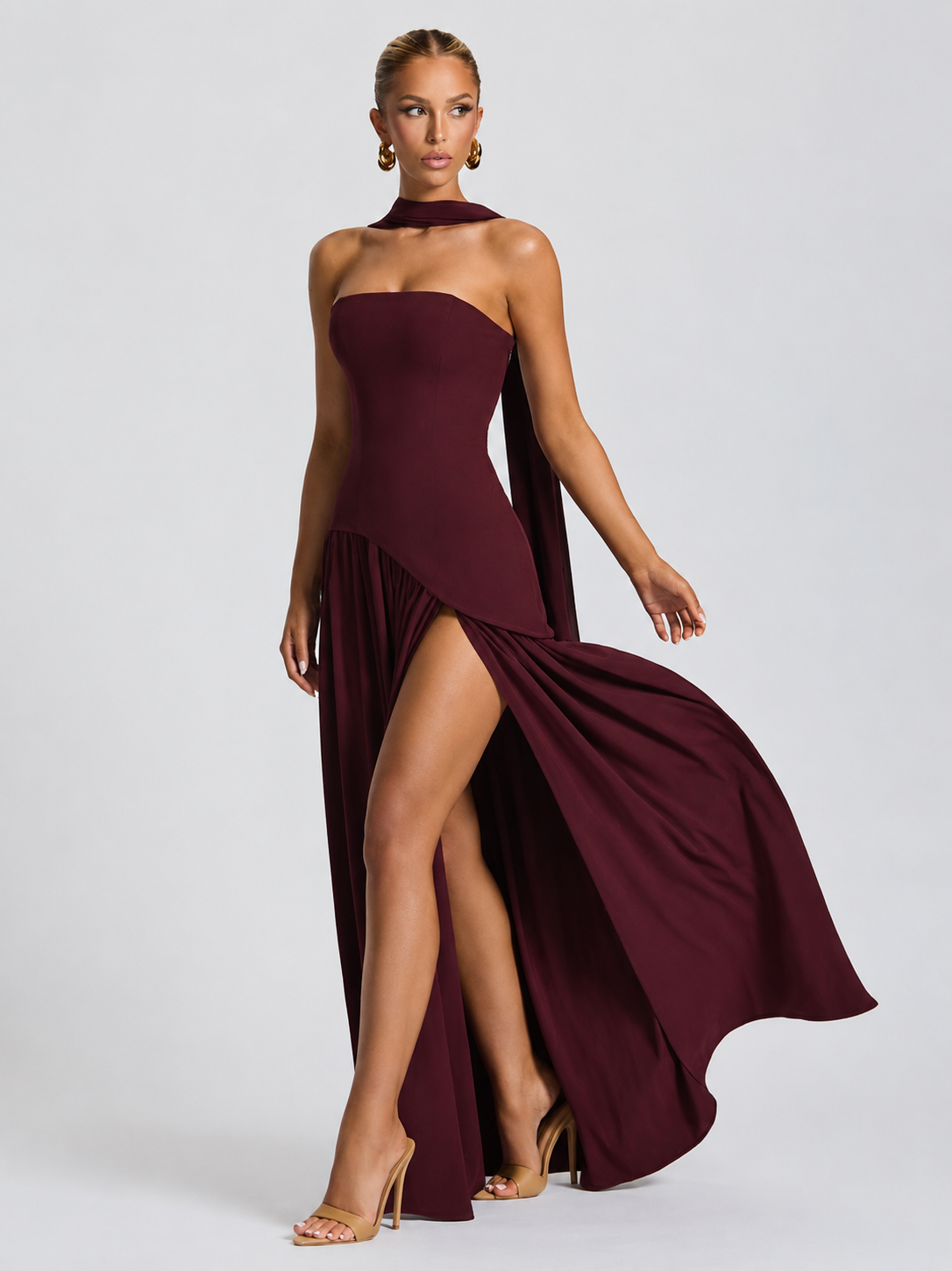 Strapless High-Slit Maxi Dress with Scarf