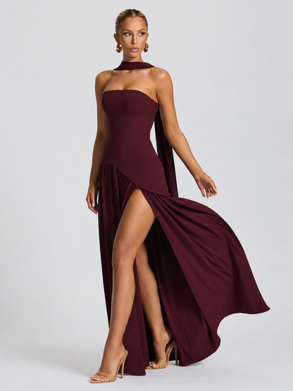 Strapless High-Slit Maxi Dress with Scarf