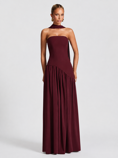 Strapless High-Slit Maxi Dress with Scarf
