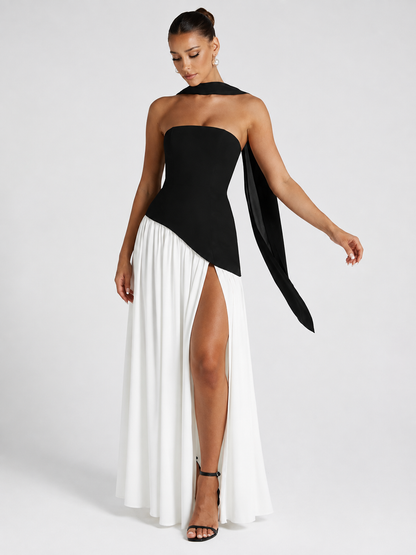 Strapless High-Slit Maxi Dress with Scarf