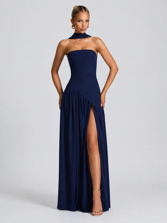 Strapless High-Slit Maxi Dress with Scarf