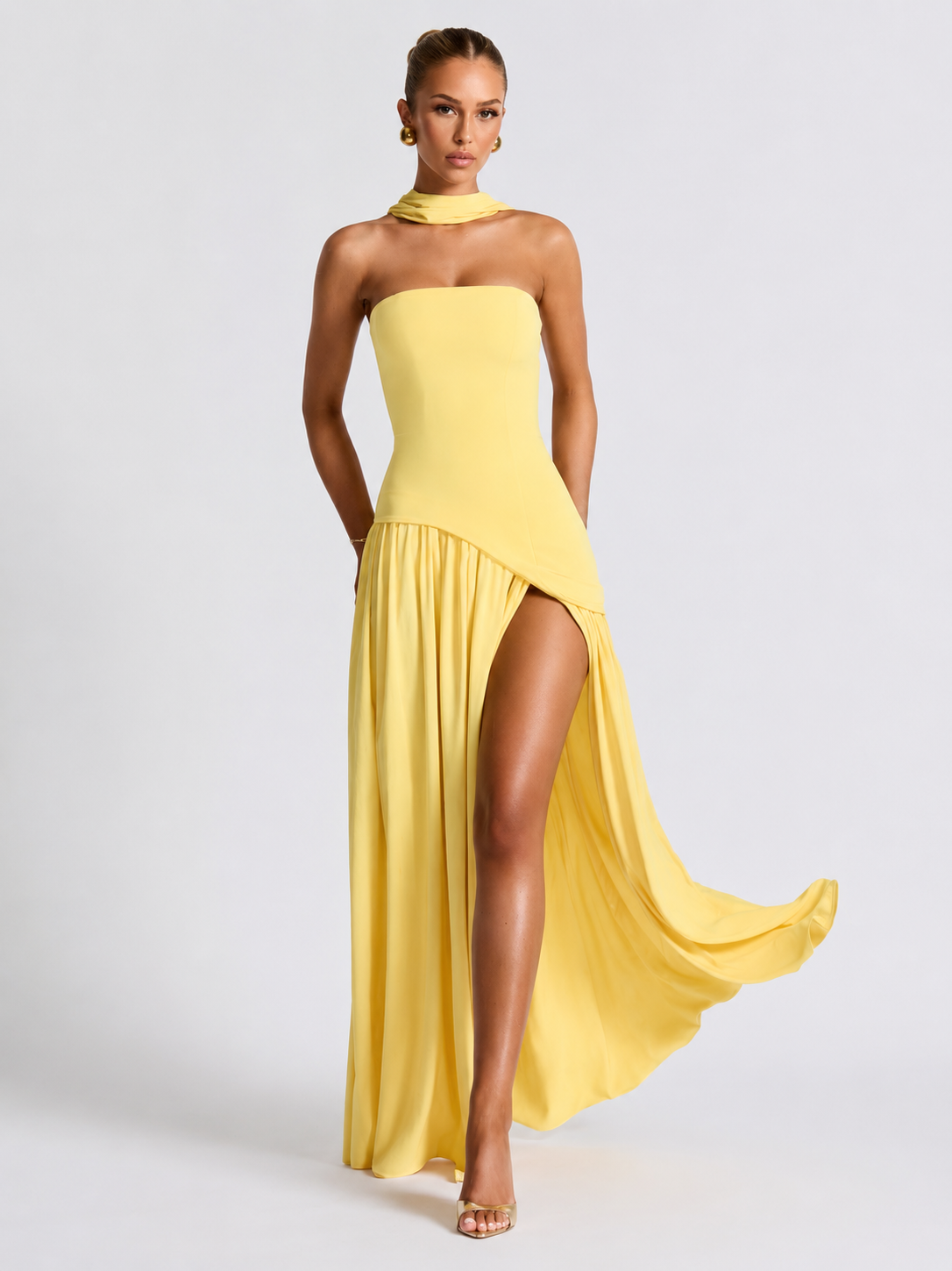 Strapless High-Slit Maxi Dress with Scarf