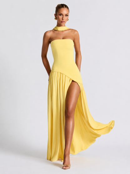 Strapless High-Slit Maxi Dress with Scarf
