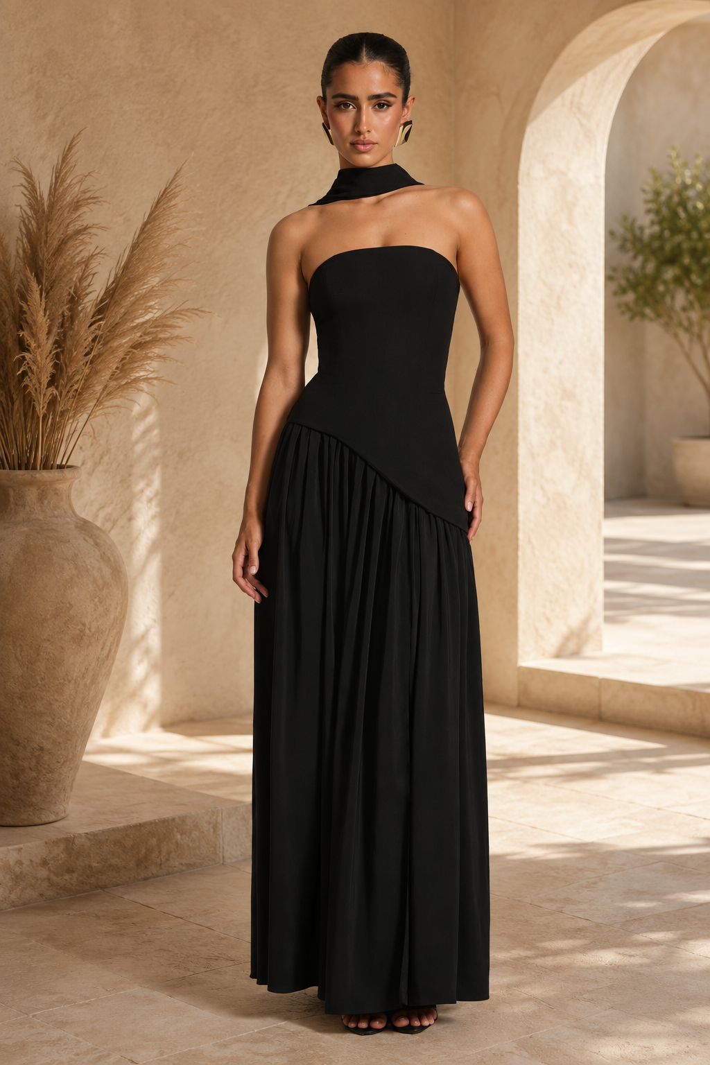 Strapless High-Slit Maxi Dress with Scarf