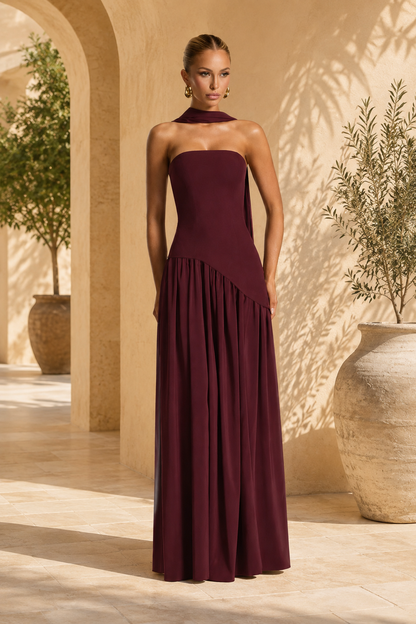 Strapless High-Slit Maxi Dress with Scarf