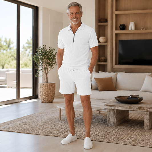 Men's Textured Checkerboard Polo &Shorts Set