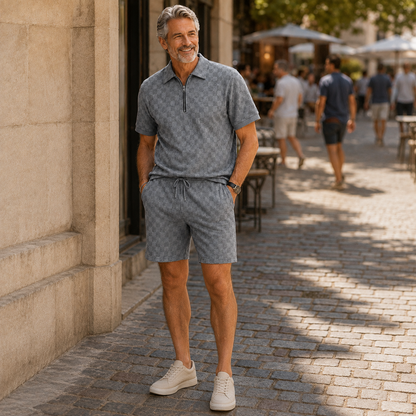 Men's Textured Checkerboard Polo &Shorts Set