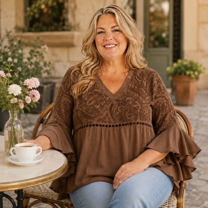 Women's Vintage Embossed V-Neck Ruffle Sleeve Blouse