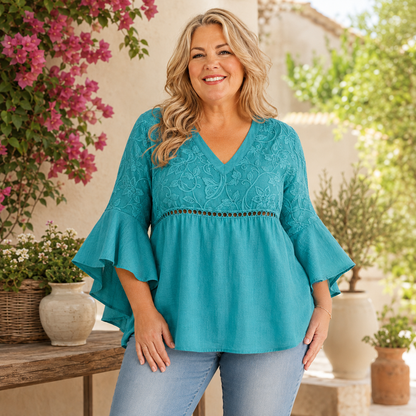 Women's Vintage Embossed V-Neck Ruffle Sleeve Blouse
