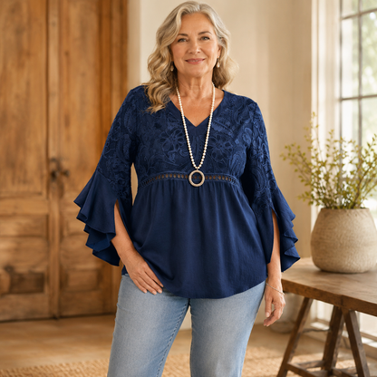 Women's Vintage Embossed V-Neck Ruffle Sleeve Blouse