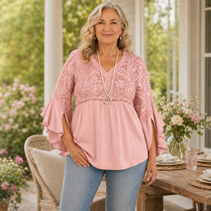 Women's Vintage Embossed V-Neck Ruffle Sleeve Blouse