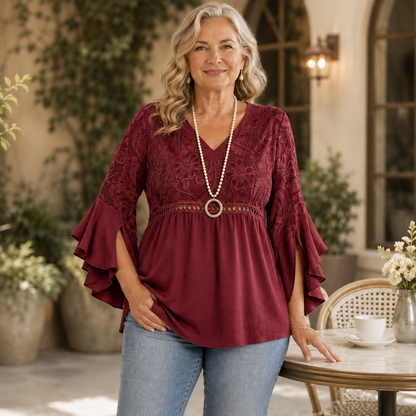 Women's Vintage Embossed V-Neck Ruffle Sleeve Blouse