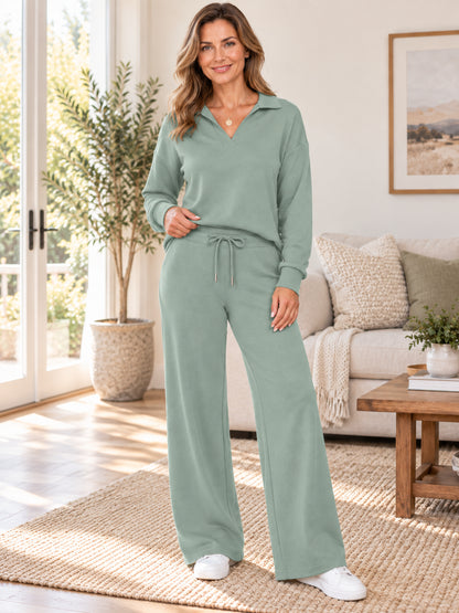 Women’s V-Neck Sweatshirt & Wide-Leg Lounge Set