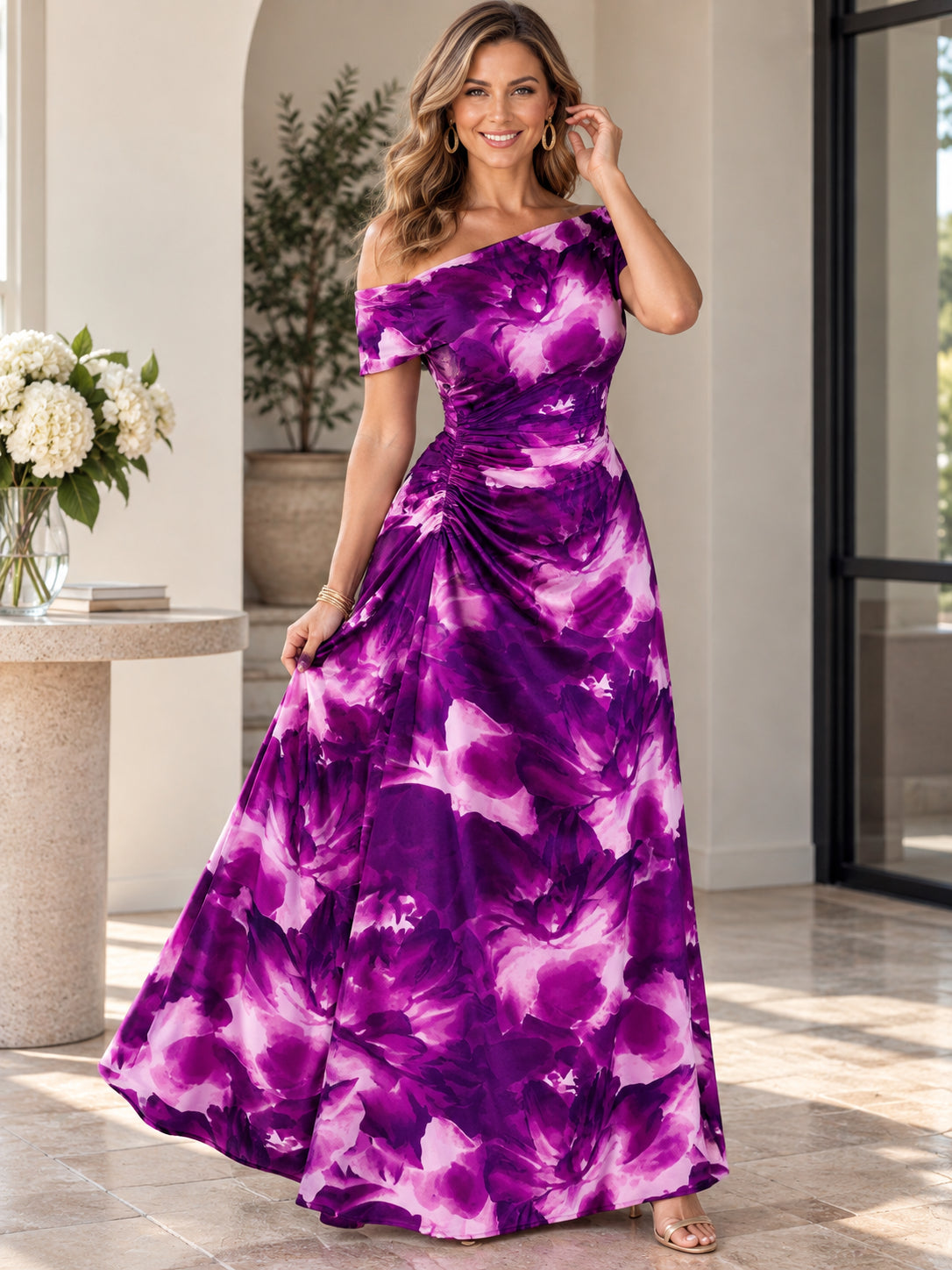 Women’s Off-the-Shoulder Ruched Printed Dress