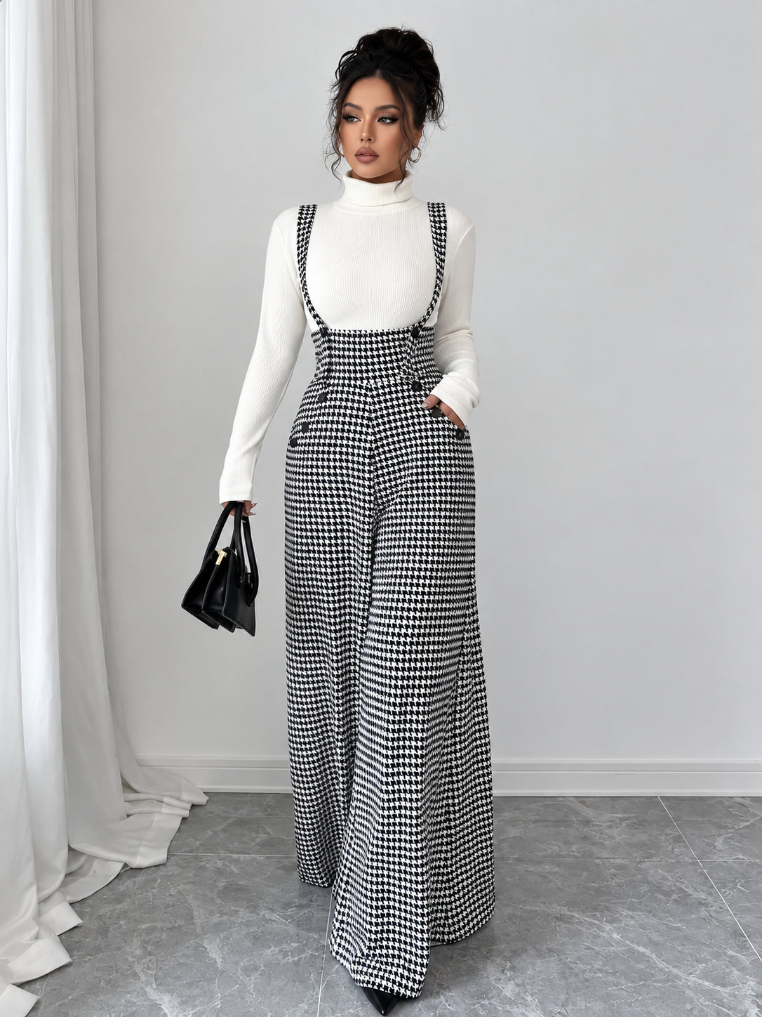 Women's Vintage Houndstooth Wide-Leg Suspender Jumpsuit
