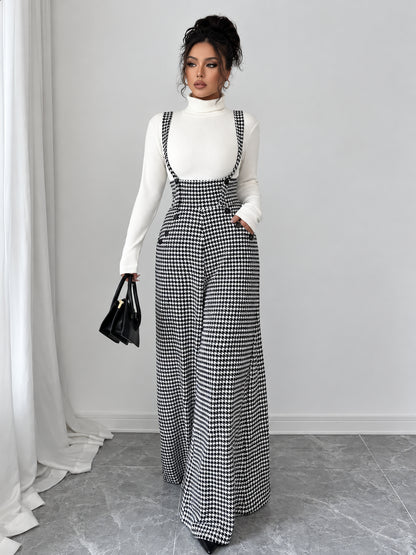Women's Vintage Houndstooth Wide-Leg Suspender Jumpsuit