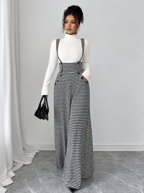 Women's Vintage Houndstooth Wide-Leg Suspender Jumpsuit