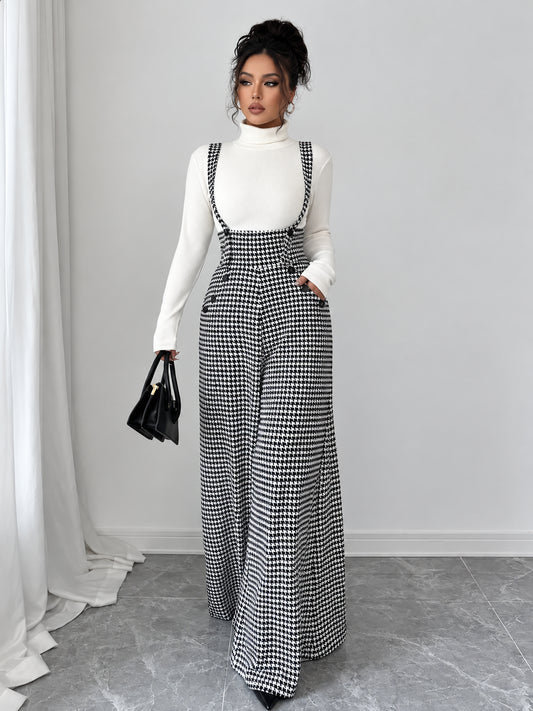 Women's Vintage Houndstooth Wide-Leg Suspender Jumpsuit