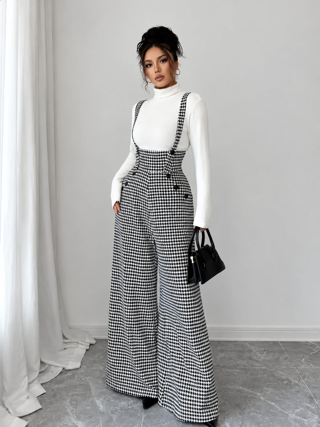 Women's Vintage Houndstooth Wide-Leg Suspender Jumpsuit