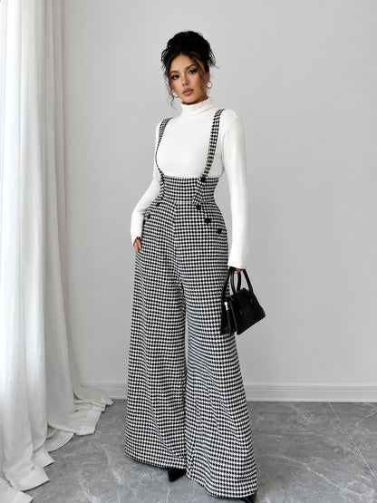 Women's Vintage Houndstooth Wide-Leg Suspender Jumpsuit