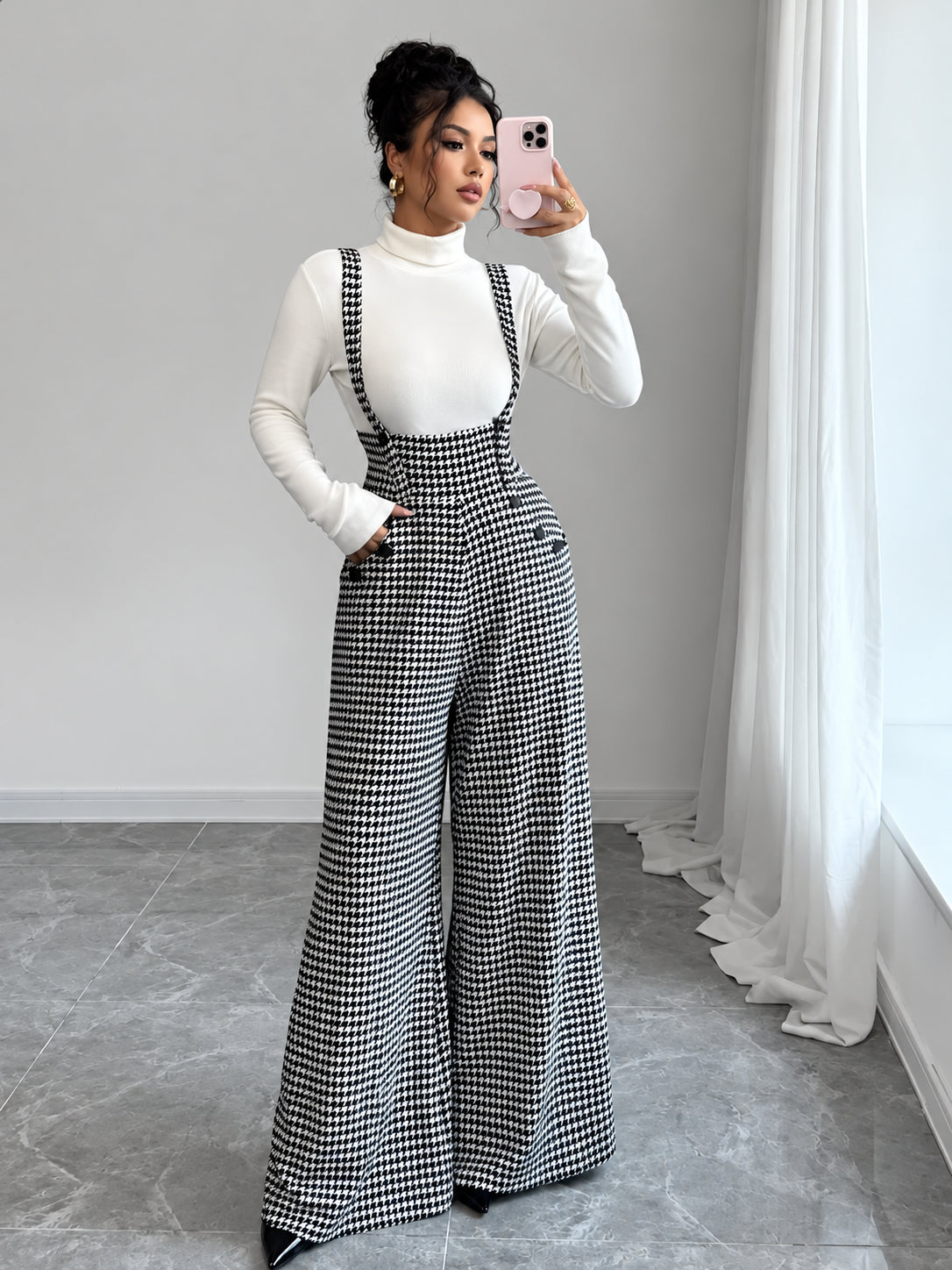 Women's Vintage Houndstooth Wide-Leg Suspender Jumpsuit