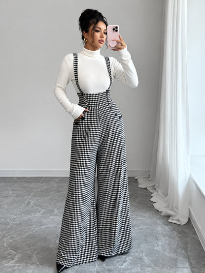 Women's Vintage Houndstooth Wide-Leg Suspender Jumpsuit