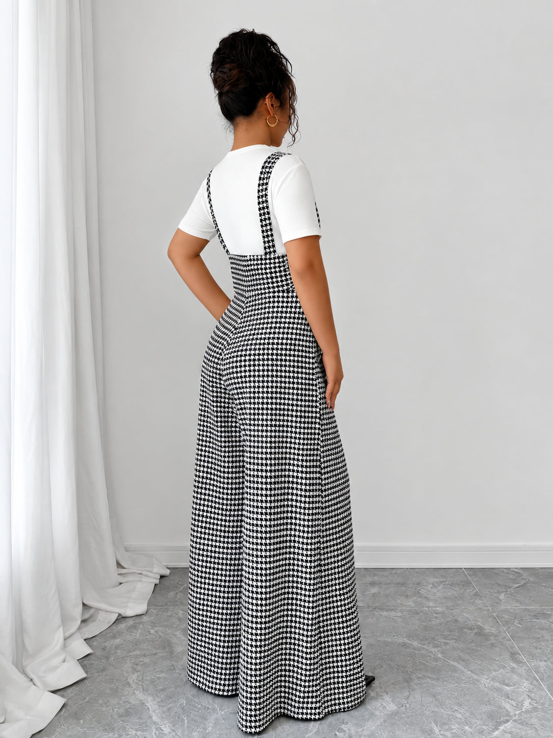 Women's Vintage Houndstooth Wide-Leg Suspender Jumpsuit