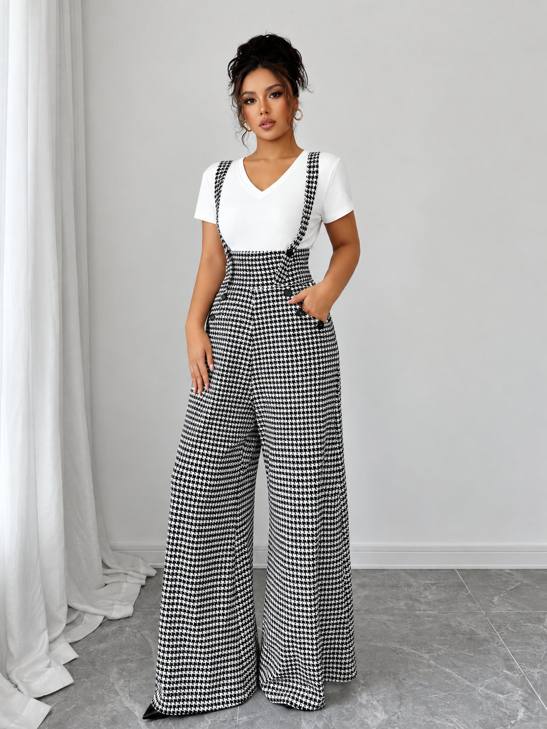 Women's Vintage Houndstooth Wide-Leg Suspender Jumpsuit