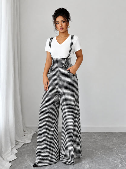 Women's Vintage Houndstooth Wide-Leg Suspender Jumpsuit