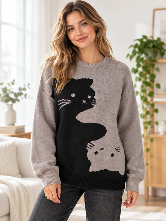 Cartoon Cat Graphic Oversized Knit Sweater