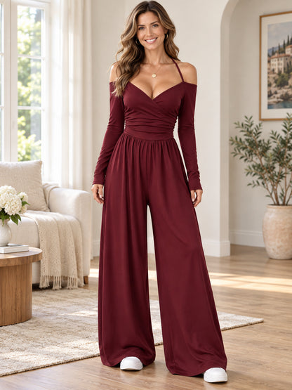 Women’s Off-Shoulder Wide-Leg Long Sleeve Jumpsuit