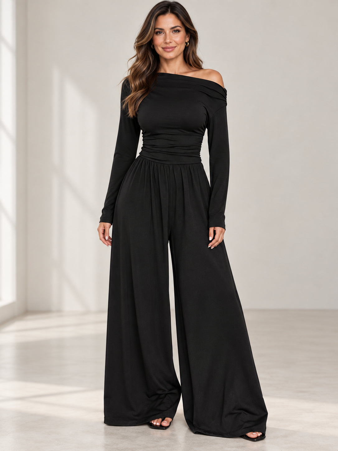 Women’s Asymmetrical Shoulder Ruched Wide Leg Knit Jumpsuit