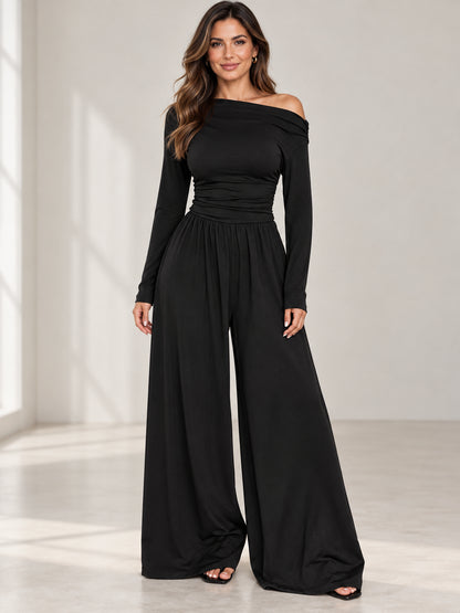 Women’s Asymmetrical Shoulder Ruched Wide Leg Knit Jumpsuit