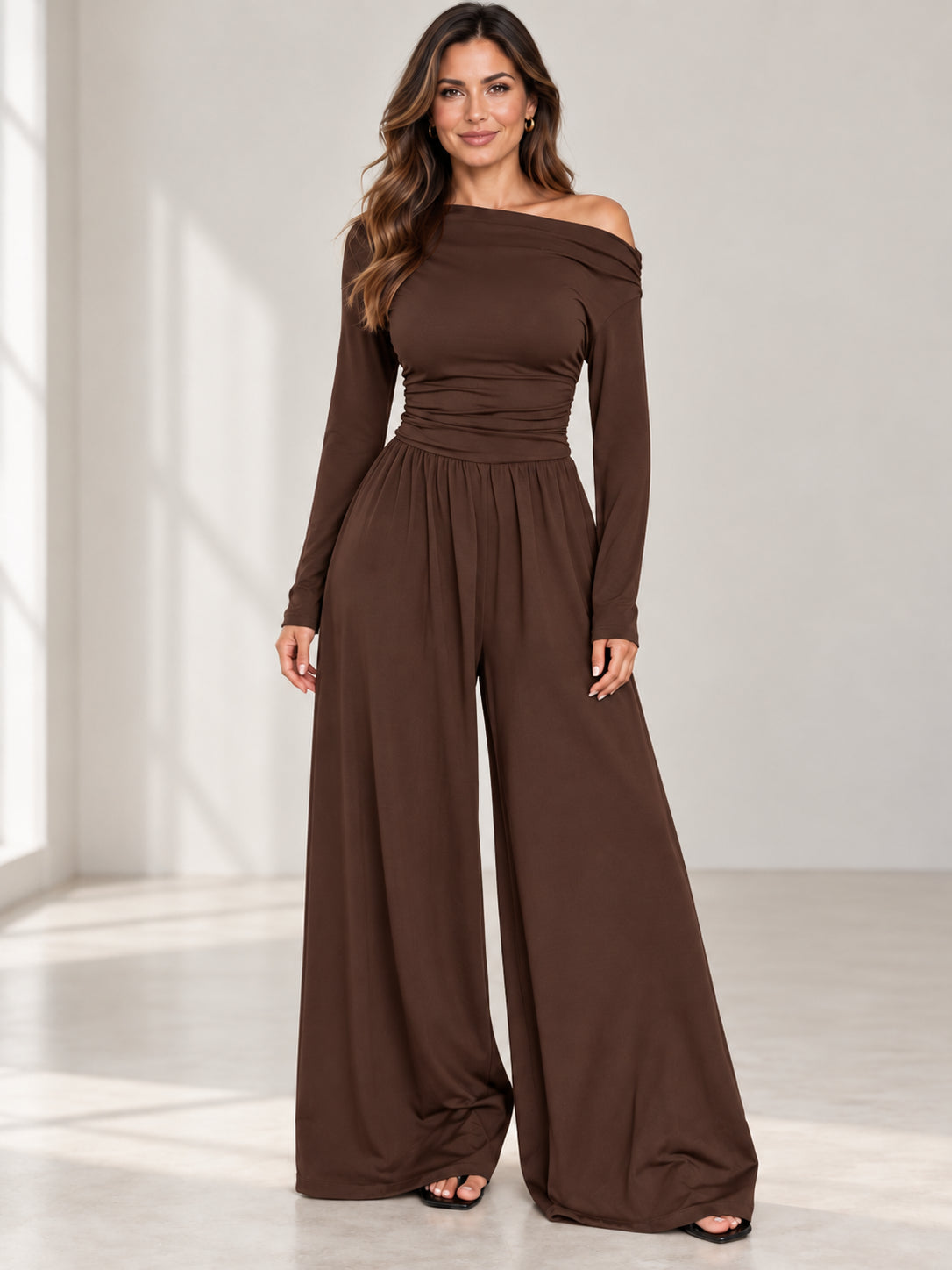 Women’s Asymmetrical Shoulder Ruched Wide Leg Knit Jumpsuit