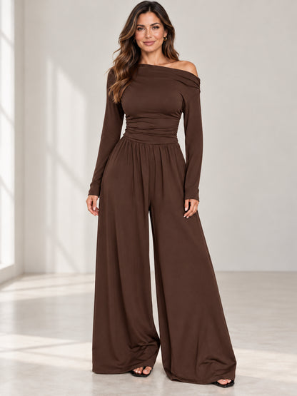 Women’s Asymmetrical Shoulder Ruched Wide Leg Knit Jumpsuit