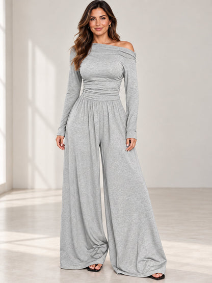 Women’s Asymmetrical Shoulder Ruched Wide Leg Knit Jumpsuit