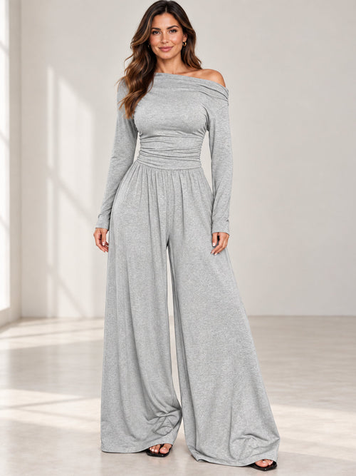 Women’s Asymmetrical Shoulder Ruched Wide Leg Knit Jumpsuit