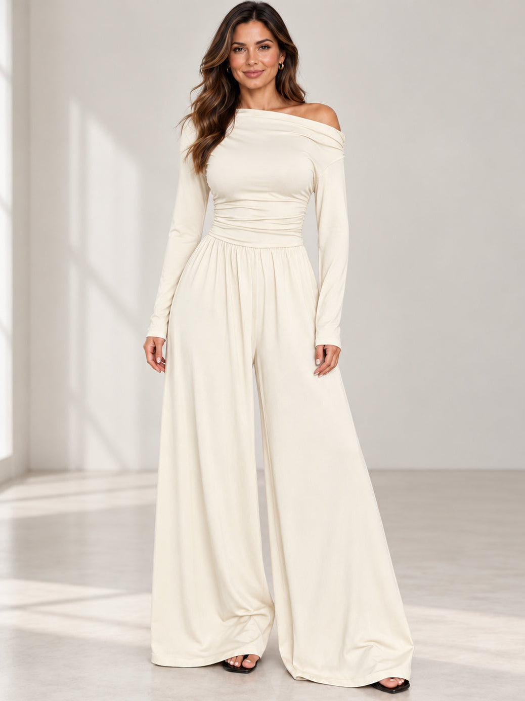 Women’s Asymmetrical Shoulder Ruched Wide Leg Knit Jumpsuit