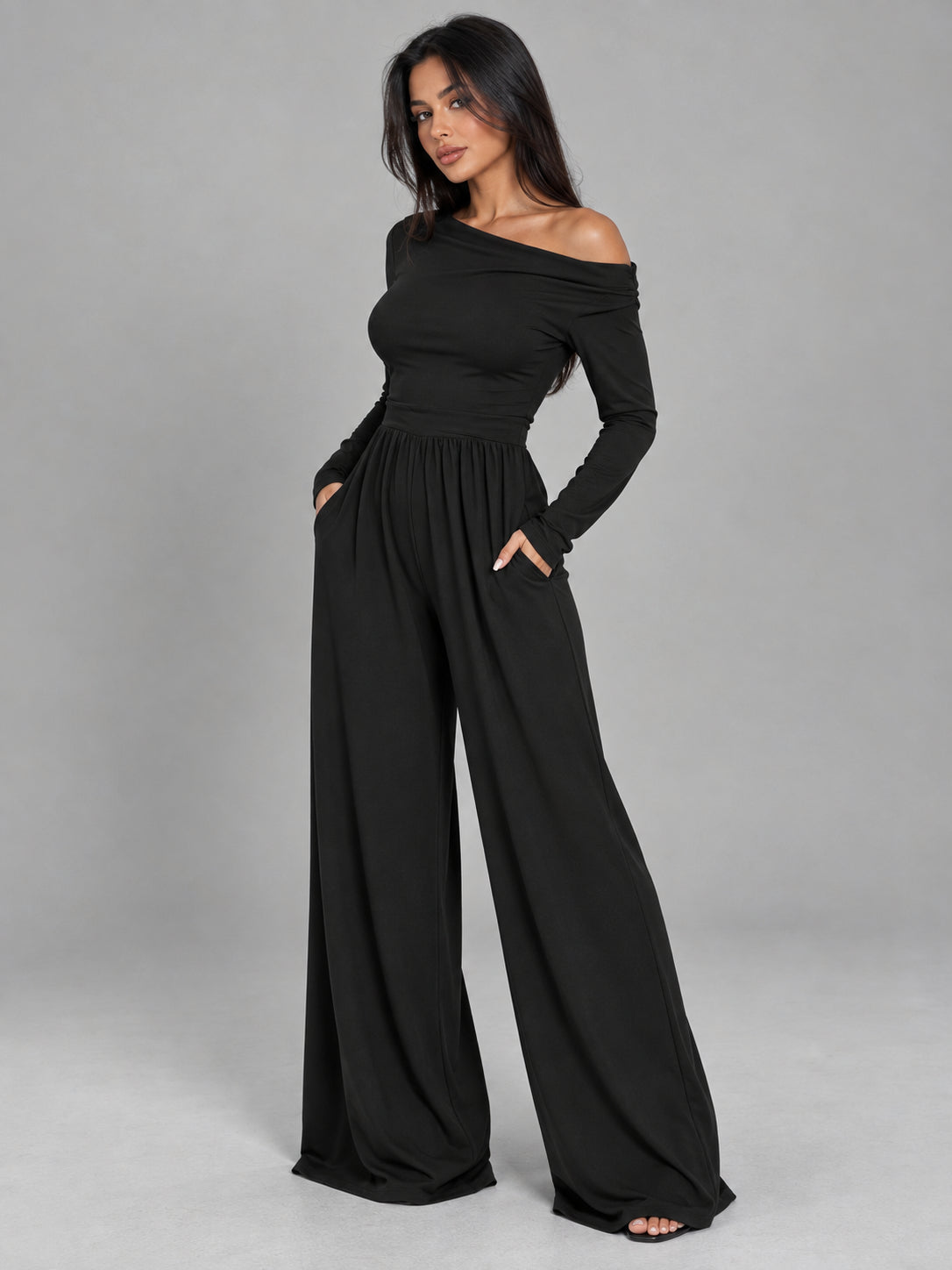 Women’s Asymmetrical Shoulder Ruched Wide Leg Knit Jumpsuit