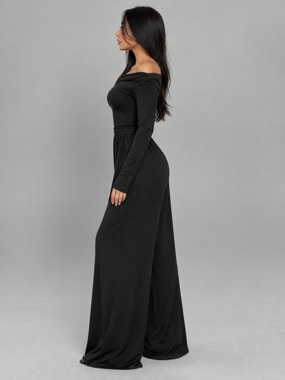 Women’s Asymmetrical Shoulder Ruched Wide Leg Knit Jumpsuit