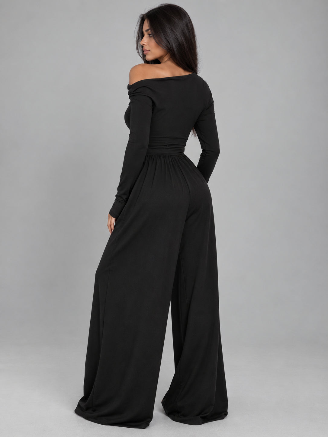 Women’s Asymmetrical Shoulder Ruched Wide Leg Knit Jumpsuit