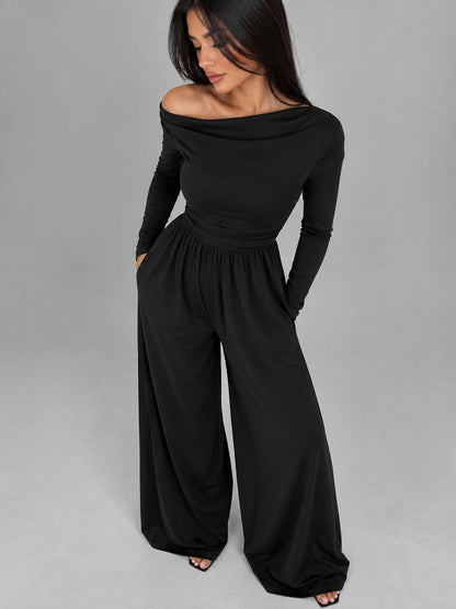 Women’s Asymmetrical Shoulder Ruched Wide Leg Knit Jumpsuit