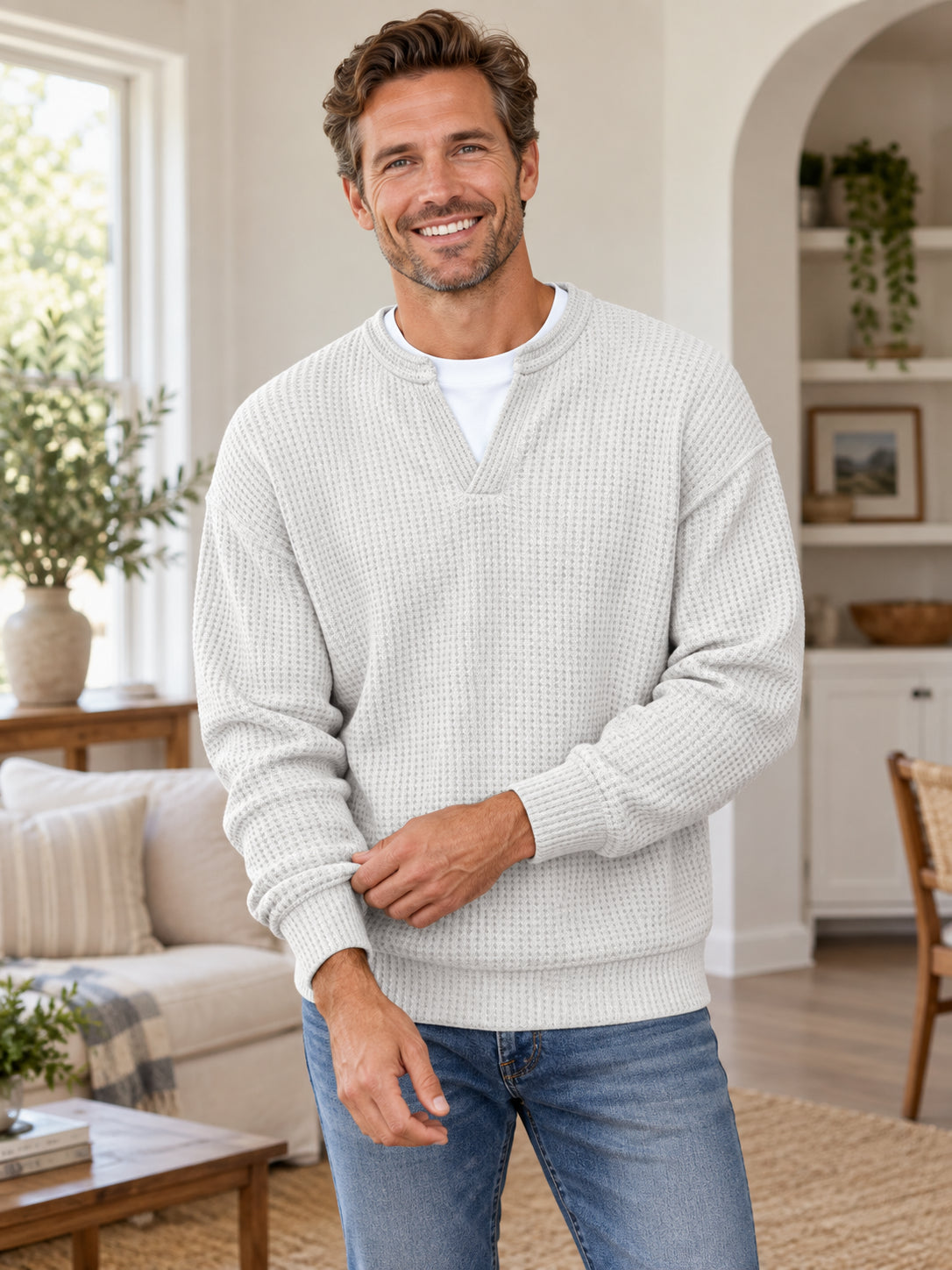 Men's Waffle Knit Long Sleeve Henley Polo Shirt