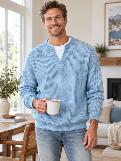 Men's Waffle Knit Long Sleeve Henley Polo Shirt