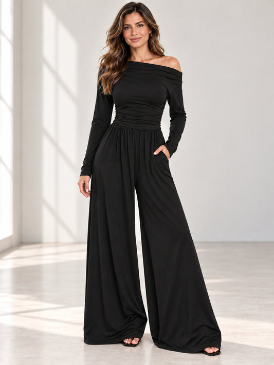 Women’s Asymmetrical Shoulder Ruched Wide Leg Knit Jumpsuit