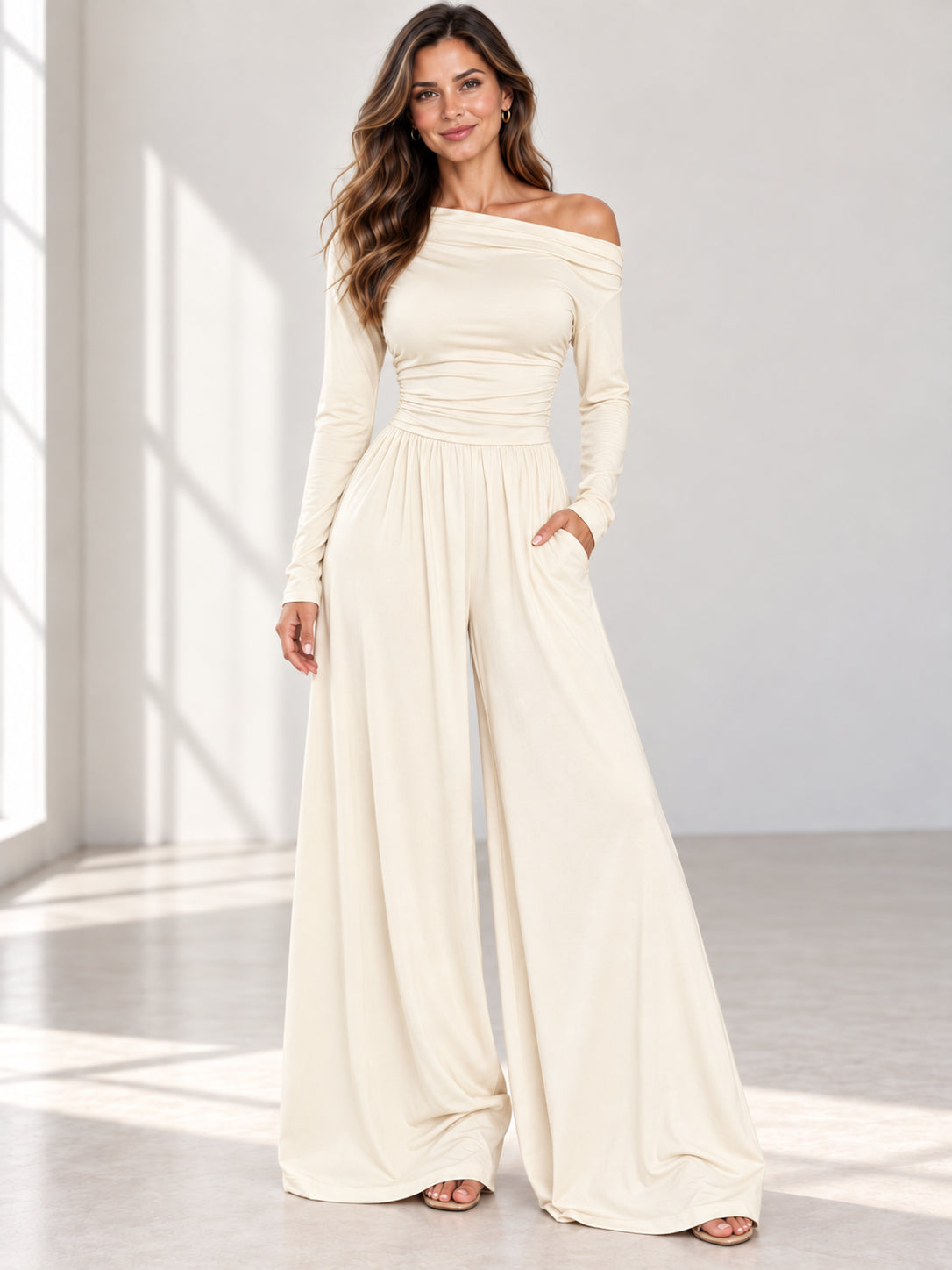 Women's One-Shoulder Ruched Wide-Leg Jumpsuit