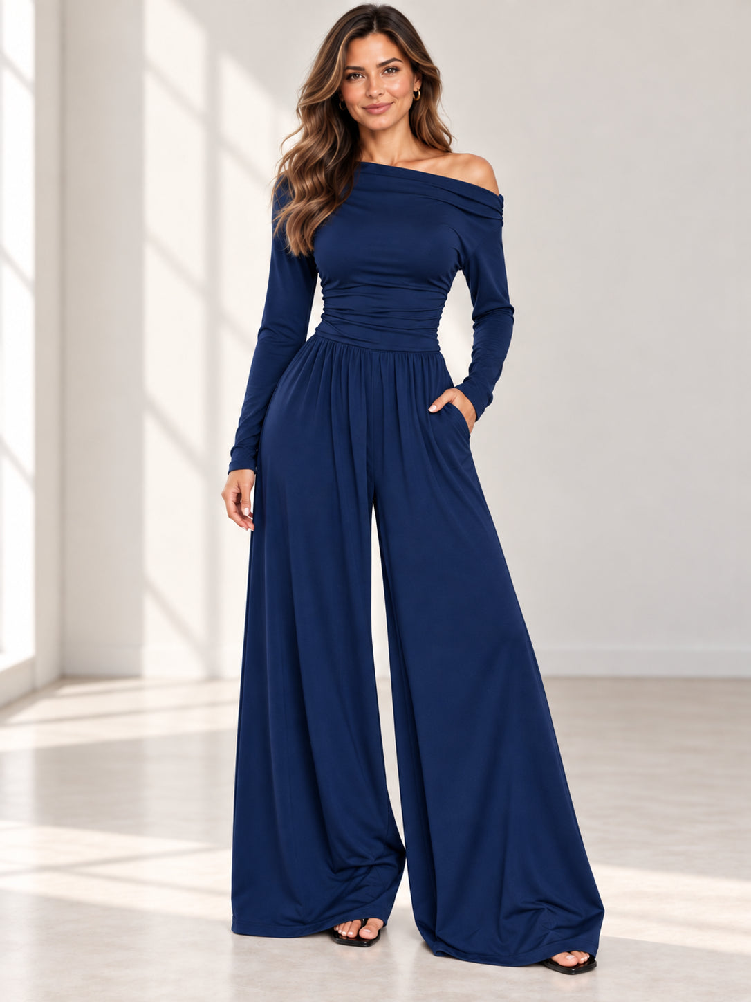 Women's One-Shoulder Ruched Wide-Leg Jumpsuit